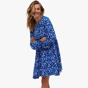 Ellos Women's Tiered Dress with Henley Neckline Bright Cobalt White Ditsy 10/12